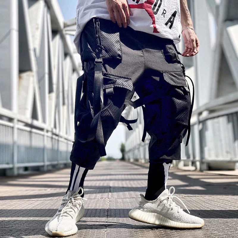 Men Harajuku Streetwear Tactics Pants Ribbon Multi Pocket Trousers US Size Hip Hop Black Cargo Pants