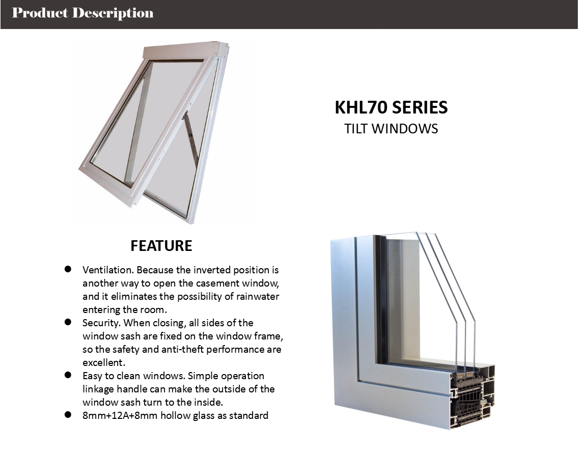 KHL70 Series Aluminium Top Swing Hanging Windows White Powder Coated Color Tempered Glass