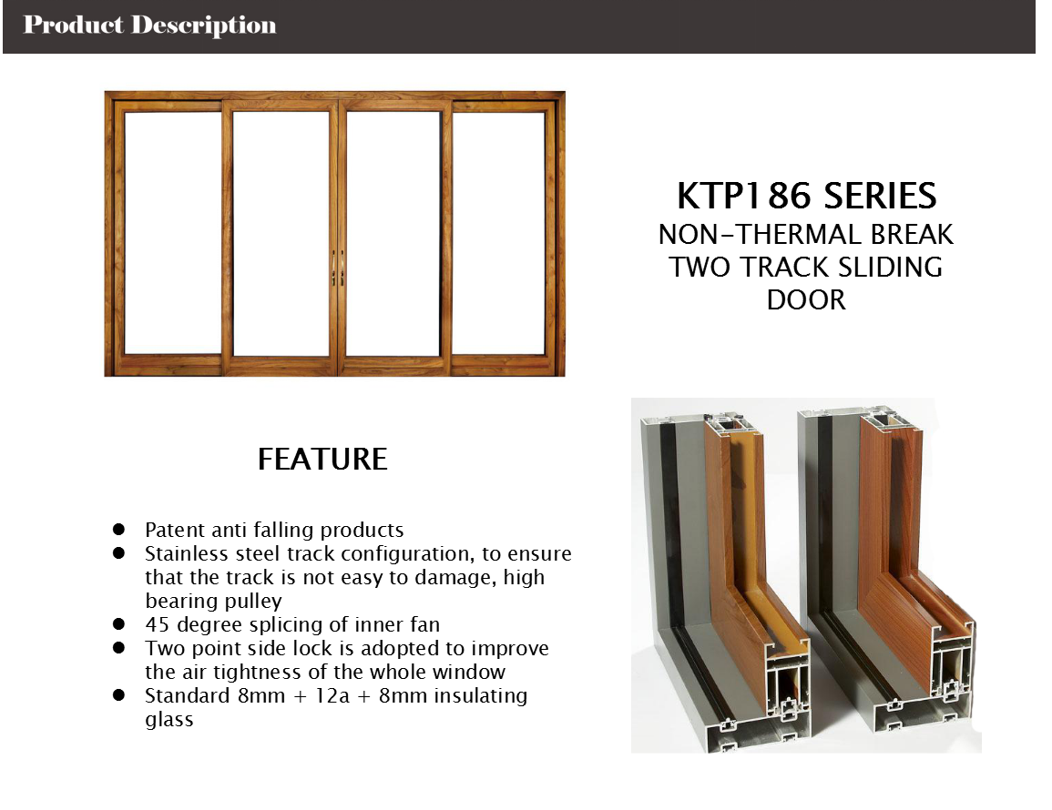 KTP186 Series Non Thermal Break Aluminum Sliding Doors With 2 Track 1.6mm Thickness Wood Grain Frame