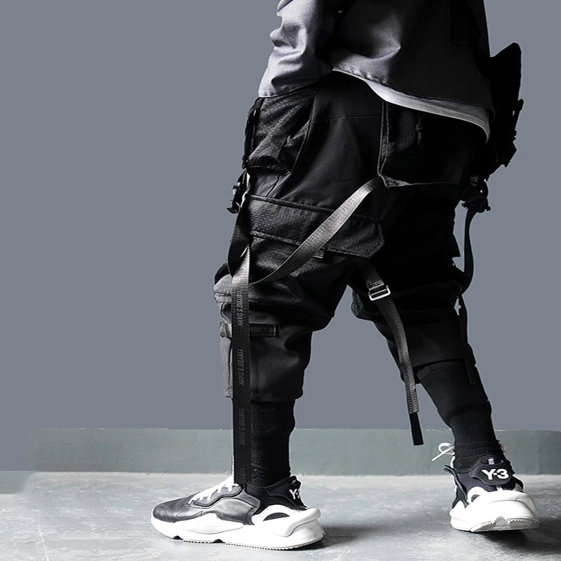 Men Harajuku Streetwear Tactics Pants Ribbon Multi Pocket Trousers US Size Hip Hop Black Cargo Pants