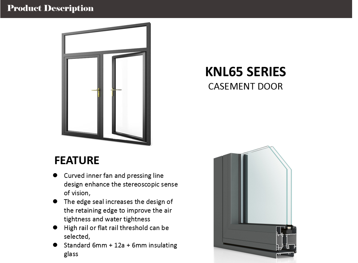 KNL65 Series Two Track Aluminium Casement Doors Hinge Windproof Design 6mm Insulating Glass