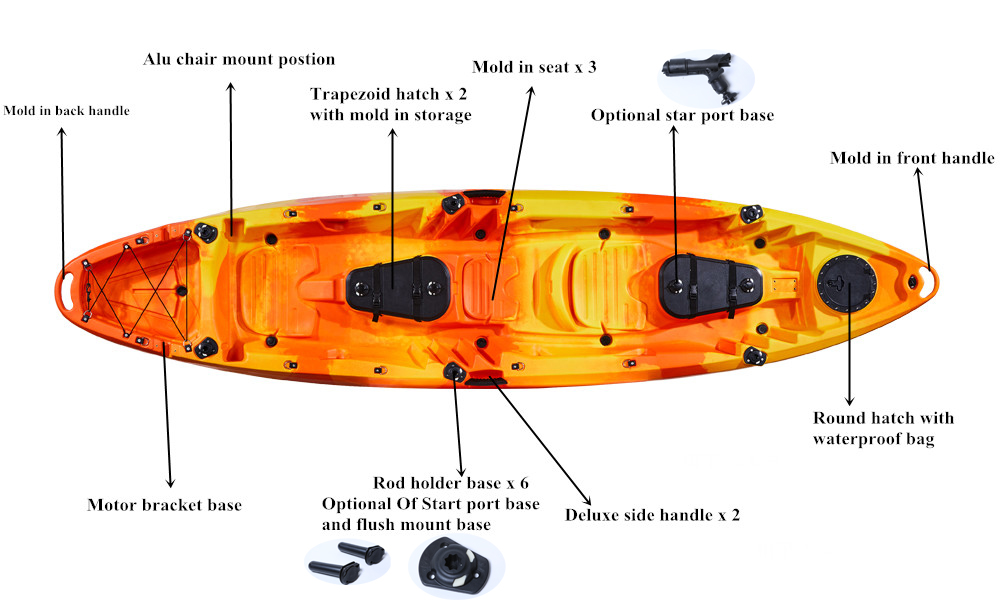 Factory new design multi function seat 2+1tour tandem fishing kayak with 6 flush rod holders for 2020 new season