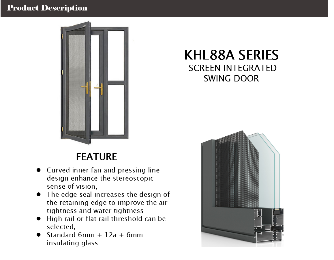 KHL88A Series Fly Screen Integrated Aluminum Swing Doors Casement Hinge 6mm Double Glass With Lock