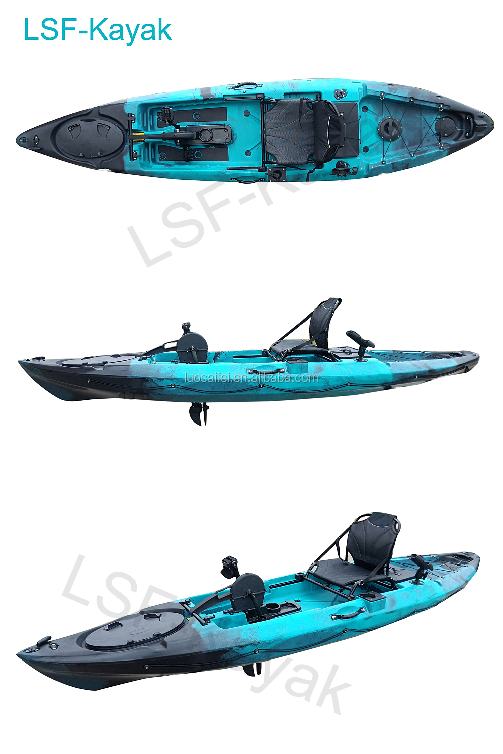 Factory new design multi function seat 2+1tour tandem fishing kayak with 6 flush rod holders for 2020 new season