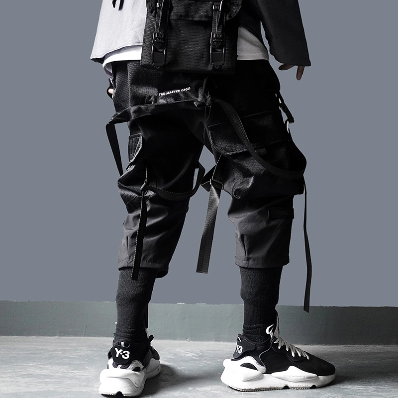 Men Harajuku Streetwear Tactics Pants Ribbon Multi Pocket Trousers US Size Hip Hop Black Cargo Pants