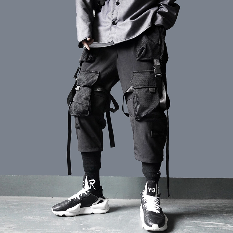 Men Harajuku Streetwear Tactics Pants Ribbon Multi Pocket Trousers US Size Hip Hop Black Cargo Pants