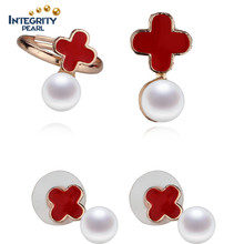 Fashion Cross Pearl Jewelry Set Golden Color 8mm Button Pearl Elegant Pearl Set Design