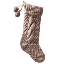 Hand Knit Chunky Christmas Stocking Socks with Hanging Loop Pompoms