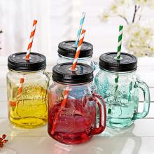 Factory Supply High Flint Fashion Popular Beautiful Glass Mason Jar for Juice with Colorful Cover and Straw Wholesale