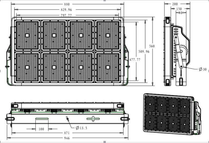 200000lm Philips3030 1500W LED Floodlight for Stadium