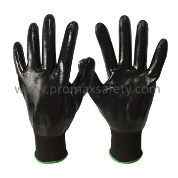 13G poliéster negro guantes de punto con nitrilo negro completamente sumergido