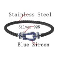 Fred Silber 925 Armband schwarz Edelstahl Seil Bettelarmband mit Blauer Zirkon für Mann