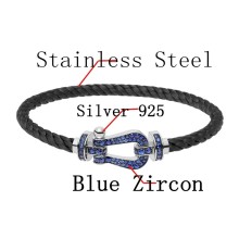 Fred Silver 925 Bracelet Black Stainless Steel Rope Charm Bracelet With Blue Zircon For Man