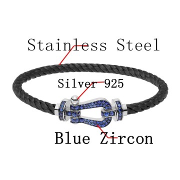 Fred Silver 925 Bracelet Black Stainless Steel Rope Charm Bracelet With Blue Zircon For Man