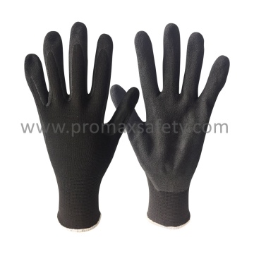 13G poliéster negro guantes de punto con arena negra nitrilo recubierto