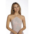 Rose English Net A-Line vestido de dama de honra com corpete de caviar, decote Halter pescoço e saia circulares