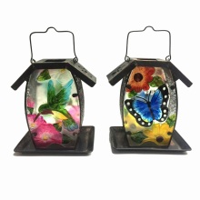 Colorful Stained Glass Garden Decoration Metal Solar Lighted Birdfeeder