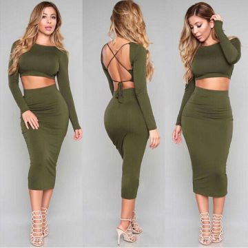 Women Amy Green Backless 2 Pieces Bodycon Bandage Dress