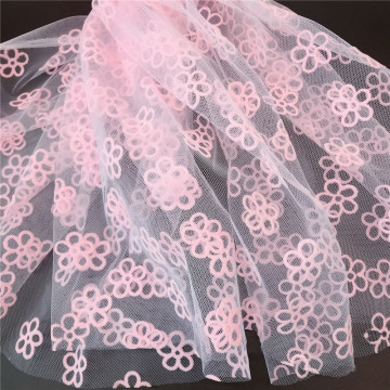 Pink Flowers Flocking Printed Tulle for Home Textile