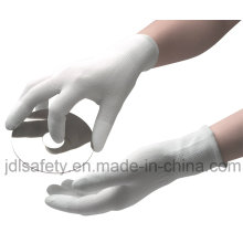 Полиэстер работы перчатку с Пу палец сверху и ПВХ мини точки (PN8108)
