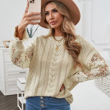 Women Lace Crochet Long Sleeve Crewneck Sweaters