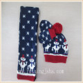 Kids winter knitted earflap hat and scarf set with jacquard snowman design