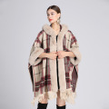 Women's Faux Rabbit Fur Collar Hooded Shawl Cape