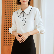Camisa de pulôver de lapela feminina manga de chiffon impressa camisa de chiffon