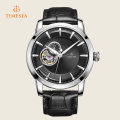 Men′s Stainless Steel Automatic Watch with Black Leather Strap 72284