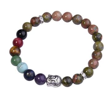 Pulseira Unakite Buda 7 Chakra Gemstone Alloy Beads Jóias Pulseira