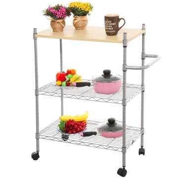 Adjustable DIY 3 Tier Wood Top Metal Rolling Kitchen Storage Serving Cart Trolley