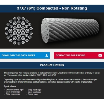 Оффшорные/подъема/крана невращающейся компактированная веревочка провода 37*7к