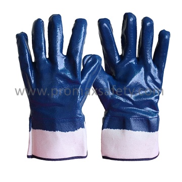 Jersey Cotton Liner Blue Nitrile Guantes Completamente Revestidos con Puño de Seguridad