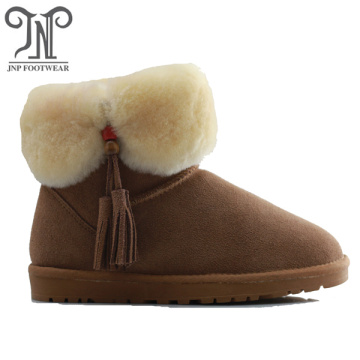 Waterproof winter genuine leather furry boots with fringe