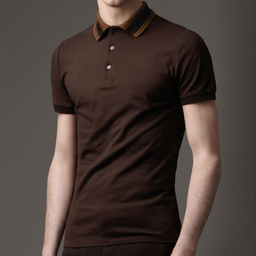 Ribbed Yarn Dye Stripe Collar Fashion Men Brown Polo Shirt on Sale