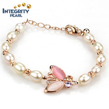 Gold Plated Butterfly 7mm AAA Rice Real Natural Freshwater Pearl Bracelet