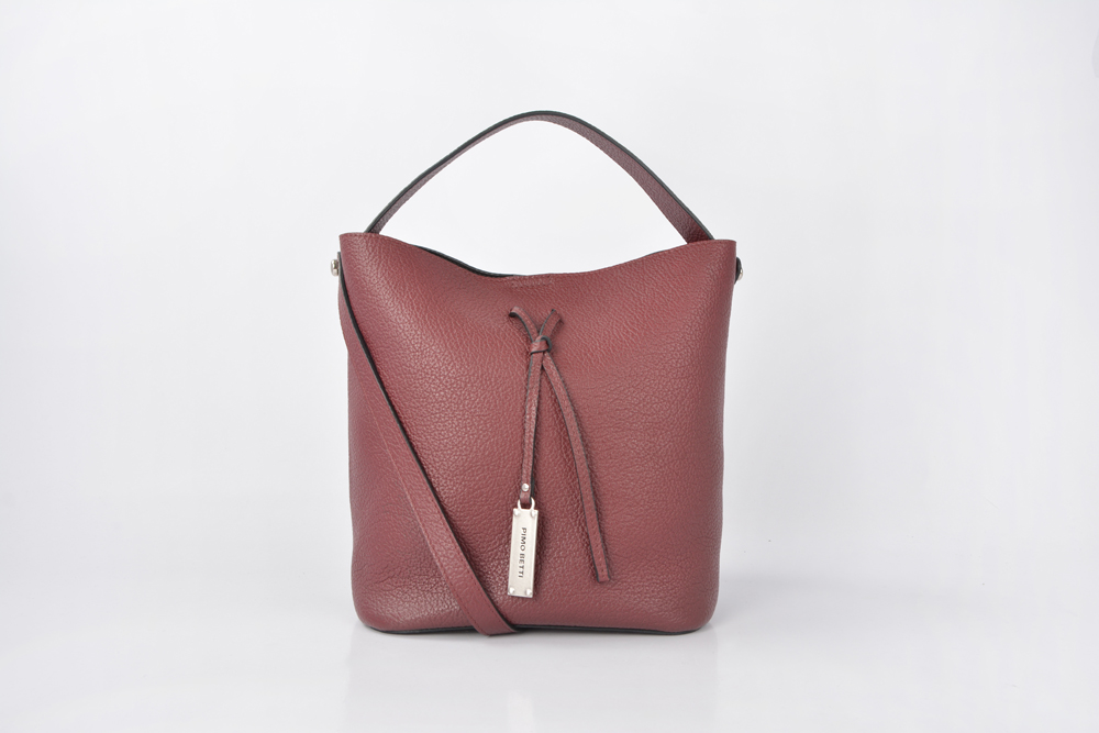 stylish small charm shape long strip shoulder leather women bucket drawstring bag