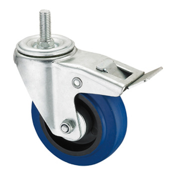 Middle Duty Series Caster - Threaded W/ Brake - Blue Elastic Rubber (roller bearing)