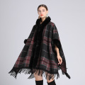 Women's Faux Rabbit Fur Collar Hooded Shawl Cape