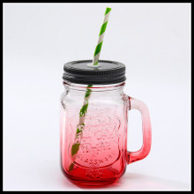 16oz Embossed Drinking Glass Mason Jar with Handle Straw Lids