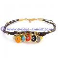 Multi Color Evil Eye Brown Leather Bracelet 7.5in