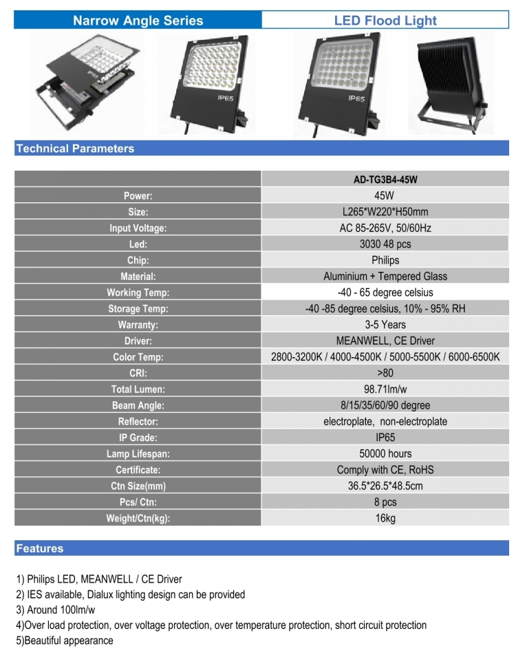 Narrow Angle 50w LED Flood Lights Outdoor