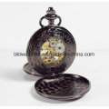 Black Mechanical Skeleton Pocket Watch with Chain Fob Men Woman