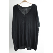 Short Sleeve Black Color Longline Knit Sweater for Ladies