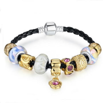 Asia 925 pulseras de cuero plata y brazaletes para mujer con cristal de Murano perlas oro encanto DIY cumpleaños regalo