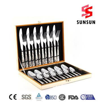 24pcs Stainless Steel Tableware Set Wooden Box