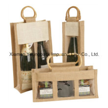 Eco-Friendly Cane Griff Wein Geschenk Jute Tasche mit Kunststoff-Fenster