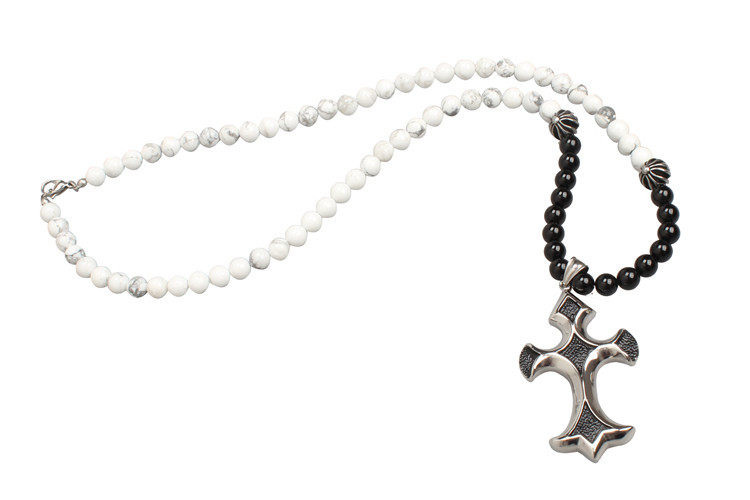 Agate Stone Bead Stainless Steel Cross Pendant Necklace