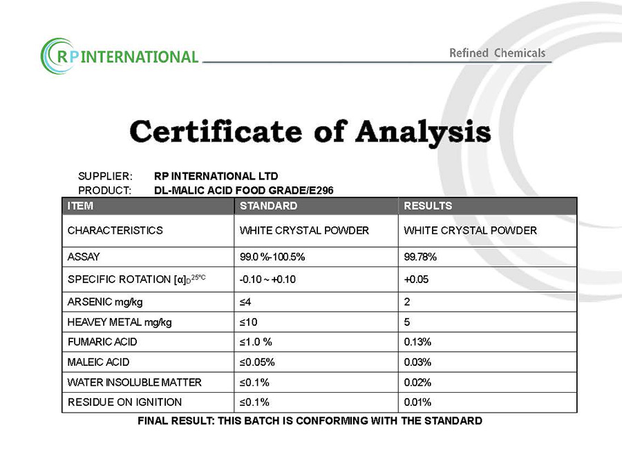 Specification Dl Malic Acid