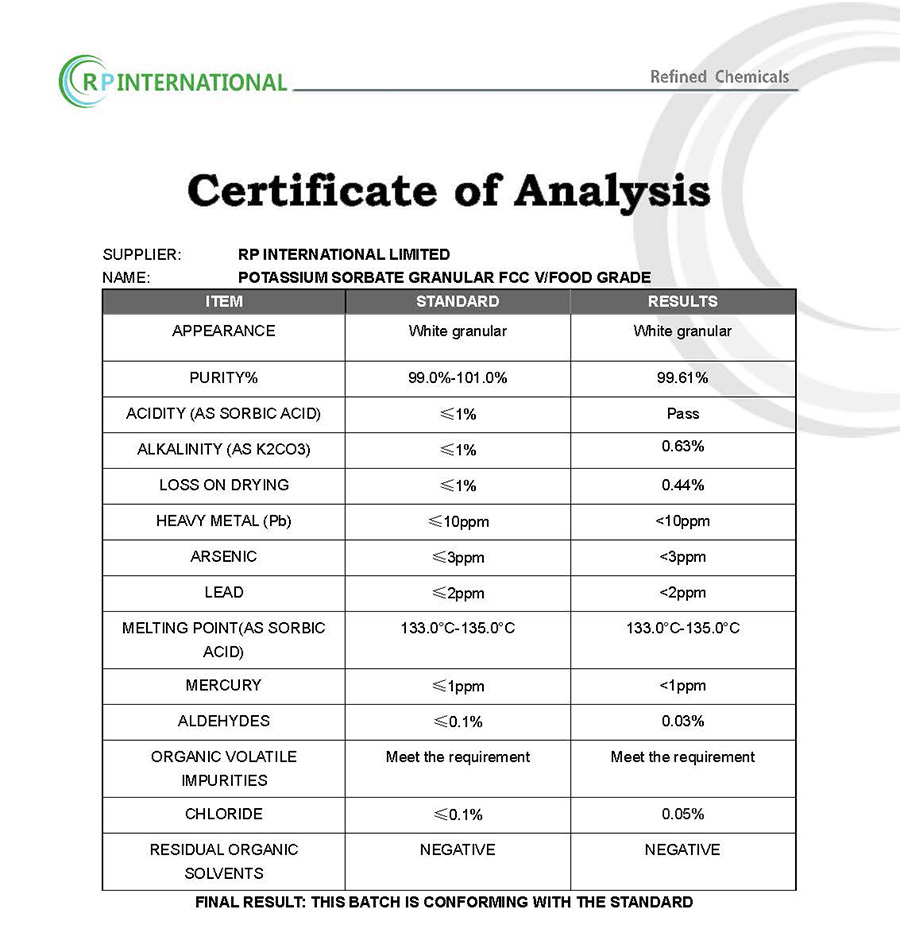 Specification Potassium Sorbate Granular